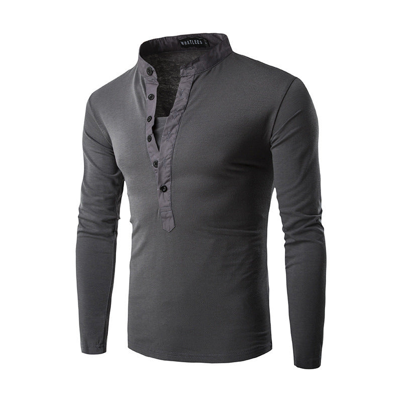 Men's Solid Color Multi-Button Decoration Casual Long-Sleeved T-Shirt